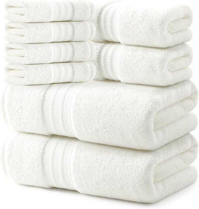 REDKISS 8 Piece Off White Towels Set - 100% Cotton Towels Set with 2 Large Bath Towels, 2 Hand, 4 Washcloths, 600 GSM Highly Absorbent Bath Towel Sets, Cream Quick Dry Shower Towel for Family Gym