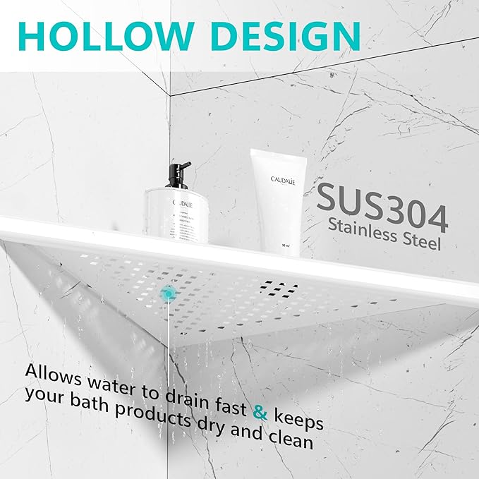 Qeke Bathroom Corner Shelf, Recessed 12" Shower Shelf Caddy, SUS304 Stainless Steel Shelf Wall Mount Triangular, No Drilling, Matte White