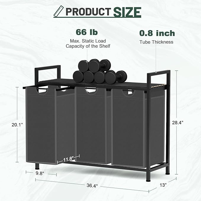 Sonharlar Laundry Hamper, Laundry Sorter with 3 Pull-Out Removable Oxford Fabric Bags Cloth Laundry Basket 3 x 10 Gallons (Grey and Charcoal Black)