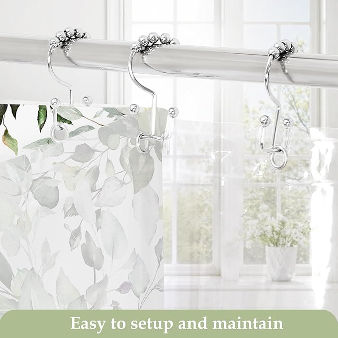 Gibelle Long 3 in 1 Shower Curtain Set, Watercolor Eucalyptus Bath Curtain and PEVA Liner Set with 12 Metal Hooks, Modern Waterproof Fabric Bathroom Curtain 72x78, Sage Green