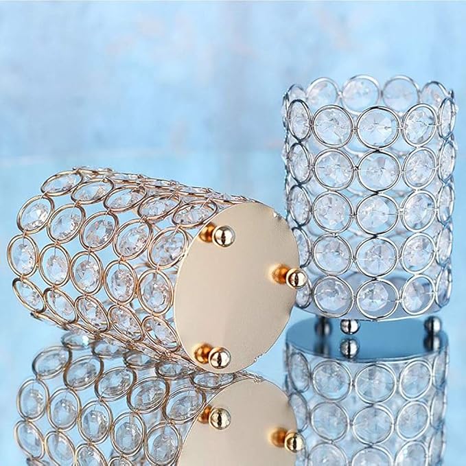 Pahdecor Makeup Brush Holder Storage Organizer with 5 Layers Beads,Handmade Vintage Crystal Beads Candle Container Holder Candlesticks Pencil Cup Flower Vase,4.6x3.2inch(HxW), Silver Color