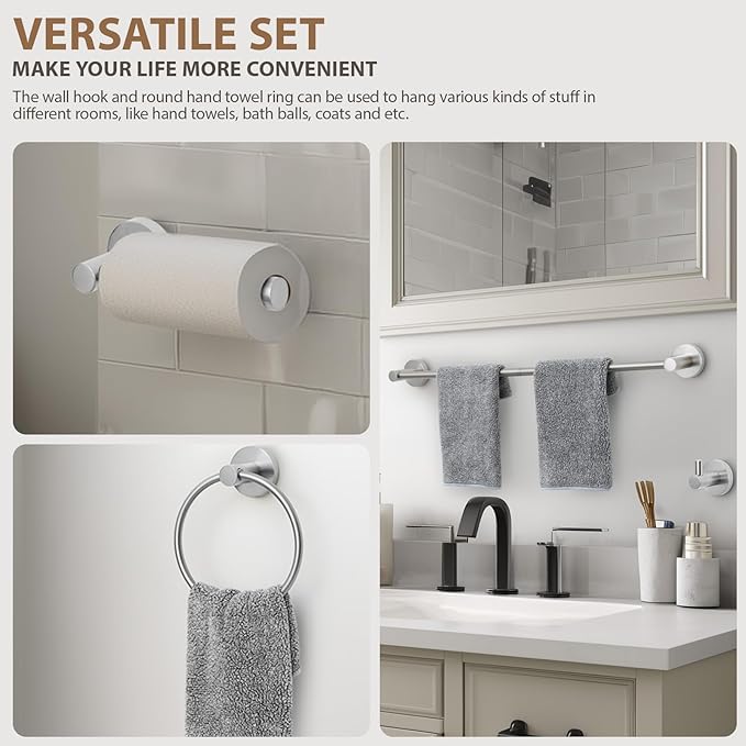 Bathroom Hardware Set 4 Piece – 24 Inch Towel Bar Set,Rustproof Stainless Steel Bathroom Accessories Kit with Towel Ring, Toilet Paper Holder & Robe Hook, Wall Mounted Bathroom Fixtures Set