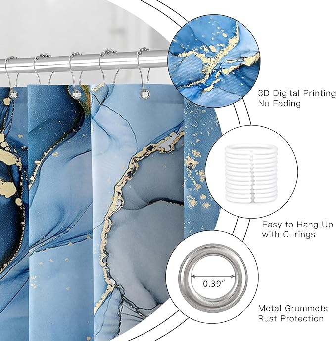 NBVKO 4 Pcs Blue Marble Shower Curtain Sets with Rugs Gold Bathroom Sets with Shower Curtain and Rugs Modern Abstract Bathroom Decor Accessories Shower Curtains for Bathroom Toilet Lid Cover