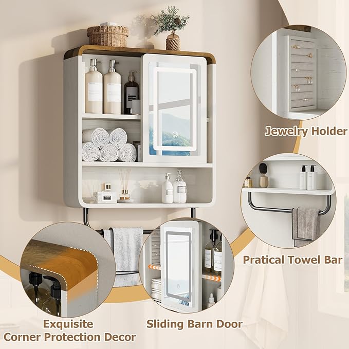 QUW Modern Bathroom Wall Cabinet, Medicine Cabinets with Mirror, Over The Toilet Storage Cabinet for Bathroom, Towel Bar, Sliding Door, 3 Lighting Modes, Adjustable Brightness, Antique White