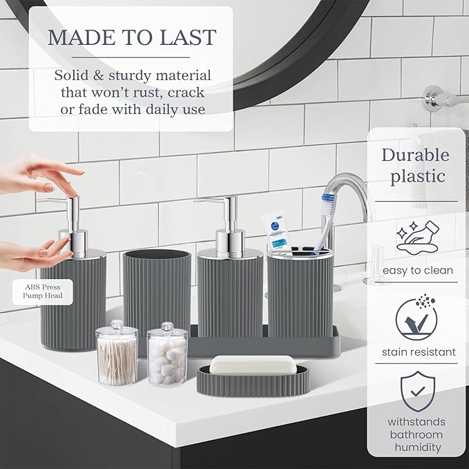 Grey Bathroom Accessories Set, 10PC Bathroom Set, Bath Accessory with Pop Up Trash Can, Soap Dispenser, Toilet Brush, Toothbrush Set Qtip Holders & Tray