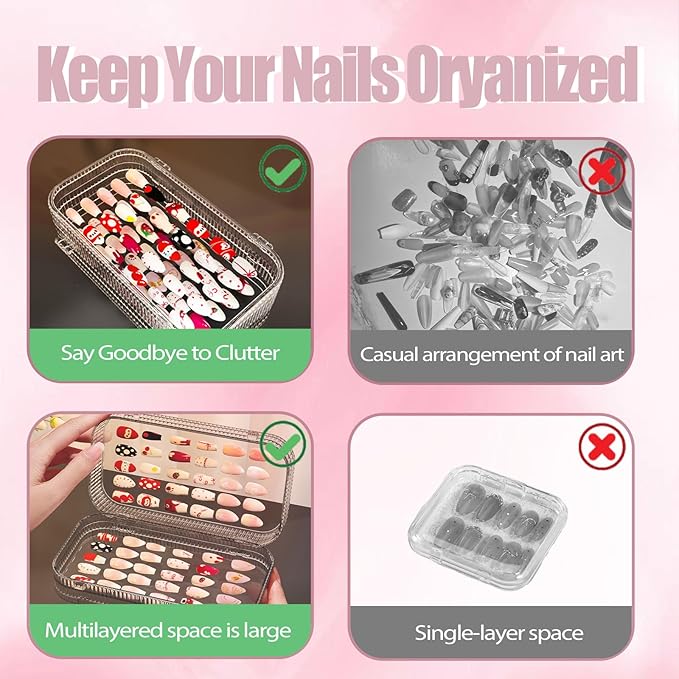 Large Tri-Fold Press On Nail Organizer Case - 4-Page Portable Storage Box for Fake Nails, Clear PET Plastic Travel Holder (6×3.2×1.8 inch) Texture 2Pcs