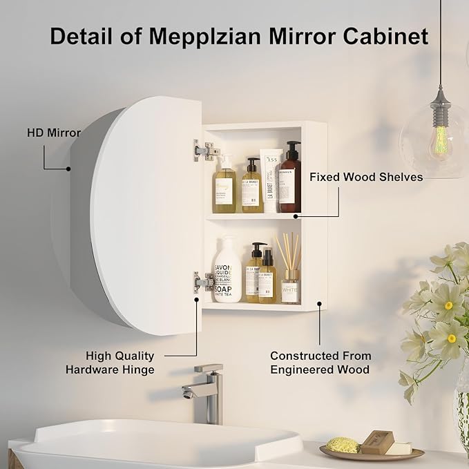 Oval Medicine Cabinet Mirror for Bathroom,White Medicine Cabinet with Mirror, Oval Mirror Cabinet Wall Mounted with 3 Storage,2 Doors,38x24Inch