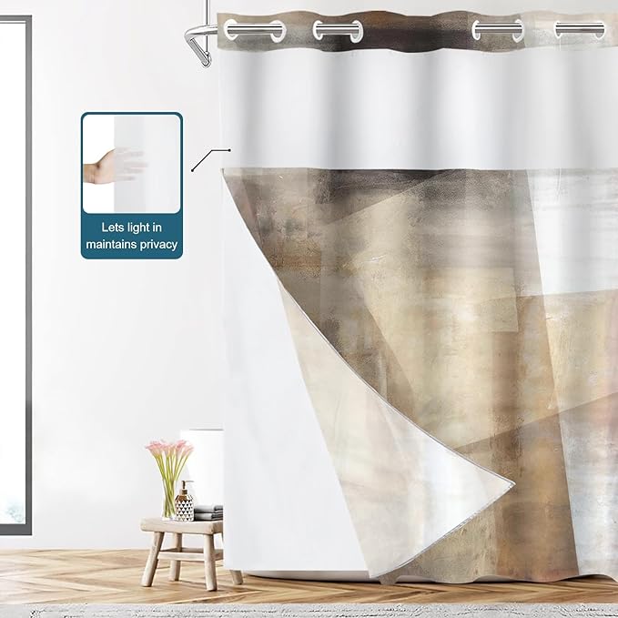 Shrahala Brown Abstract Art No Hooks Shower Curtain with Snap in Liner Set, Beige Painting Bathroom Décor Polyester Fiber Waterproof for Stall Bathtubs 54 X 80 in