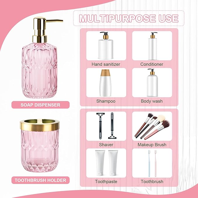 Glass Bathroom Accessories Set, 2PCS Clear Glass Bathroom Accessory, Toothbrush Holder and Soap Dispenser Set for Modern Bathroom Decor(Pink)