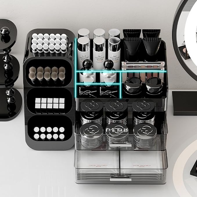 Booklov Makeup Organizer for Vanity, Large Capacity Cosmetic Display Case with Drawers, Countertop Beauty Storage Holder for Skincare, Brush Eyeliner Perfume Eyeshadow Lipsticks, Counter Desk, Black