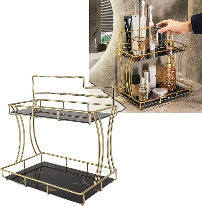 Double Layer Countertop Storage Rack, Bathroom Countertop Organizer with Electric Toothbrush Holder, Iron and Glass Counter Shelf for Toiletries and Cosmetics (Black Background Gold Grain)