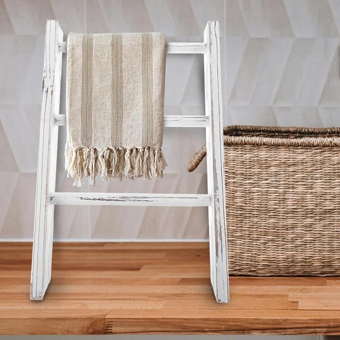 Garneck Mini Ladder Towel Rack 16'' White Wood Hand Towel Holder for Country Bathroom Decor Space-Saving Display Rack for Kitchen and Home Use Country Farmhouse Decor