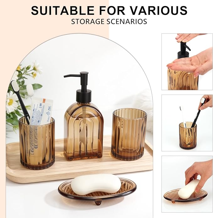 4Pcs Glass Bathroom Accessories Set,Amber Bathroom Accessory Set,Bathroom Counter Sink Toothbrush Holder Set Includes Hand/Lotion Soap Dispenser & Tumbler & Soap Dish