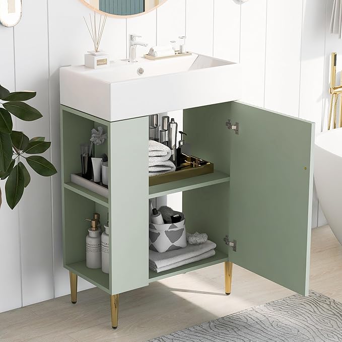 Virubi 21.6 in Small Bathroom Vanity with Sink,Doors and Storage Shelves,Wood Modern Single Fluted Bathroom Sink Cabinet Freestanding (Green,Left Shelf)