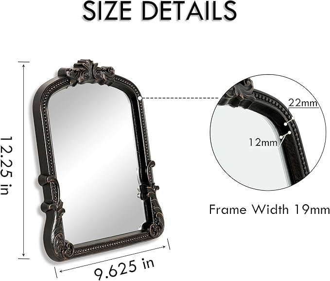 Vintage Small Black Vanity Makeup Mirror Antique Arched Baroque Tabletop Mirror Resin Frame Desktop Standing Mirror for Living Room Bedroom Dresser 9.6x12.3