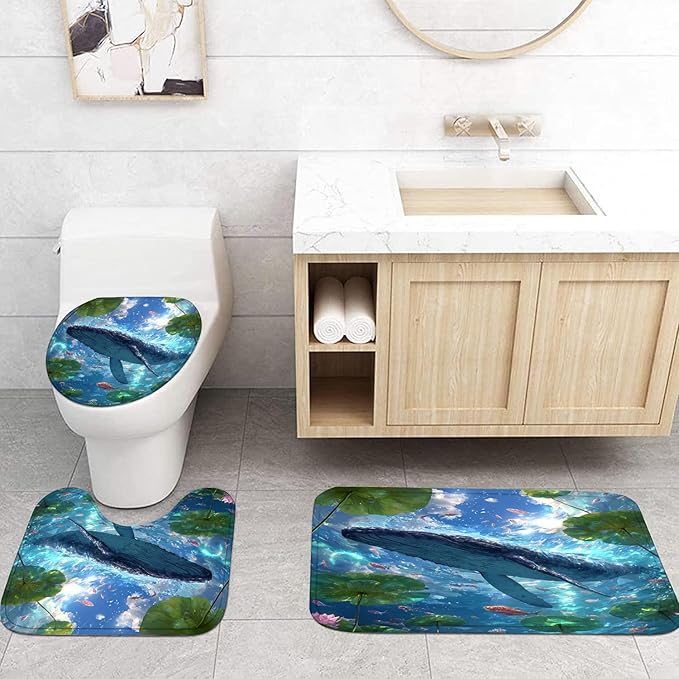 Yizheer 4Pcs Whale Shower Curtain Sets,Ocean Scenery Marine Life Theme Bathroom Curtain with Rugs, Toilet Lid Cover and Bath Mat