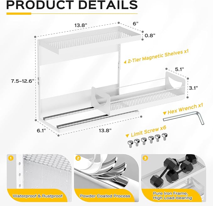Heavy-Duty Magnetic Shelf With Pull-Out Drawers for Washing Machines, Dryers and Fridge; Height-adjustable Magnetic Shelf, Ideal for Storage in Laundry Rooms, Kitchens, and Living Rooms (White)