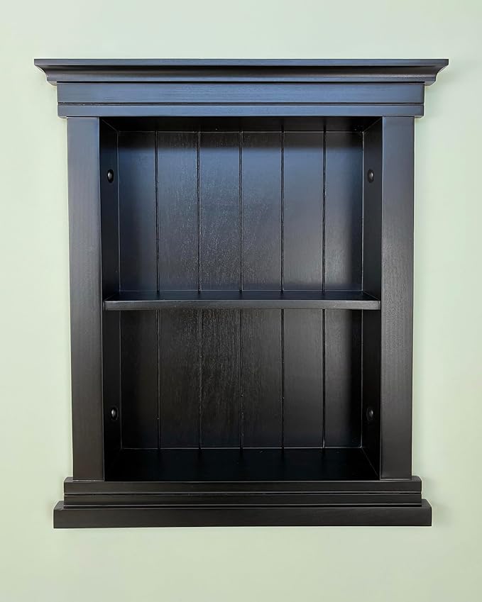 Fox Hollow Furnishings 14x18 Elliot Craftsman Recessed Wood Wall Niche, Open Medicine Cabinet Replacement, in The Wall Bathroom Cabinet Insert Shelves, Made in North America, NO MDF, Beadboard, Black