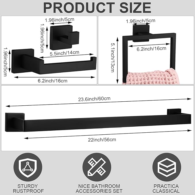 Gisafai 40 Pcs Black Bathroom Hardware Accessories Set 23.6 Inch Bath Towel Bar Kit Stainless Steel Bathroom Hardware Set Towel Racks Ring Robe Hooks Paper Holder for Wall Mounted