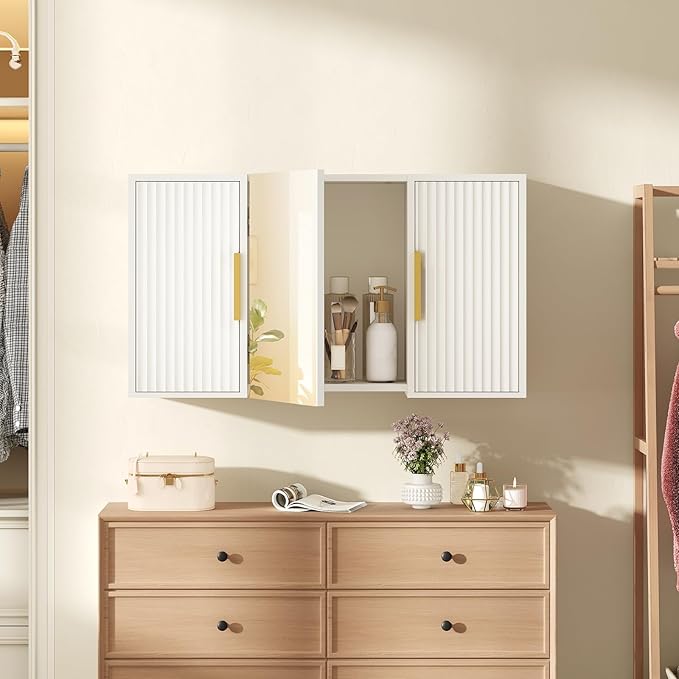 YATINEY Bathroom Wall Cabinet with Mirror, Medicine Cabinet Mirror, Wall Mounted Medicine Cabinet, Mirrored Door Over The Toilet Storage, for Laundry Room, Bedroom, Camper, Hallway, White