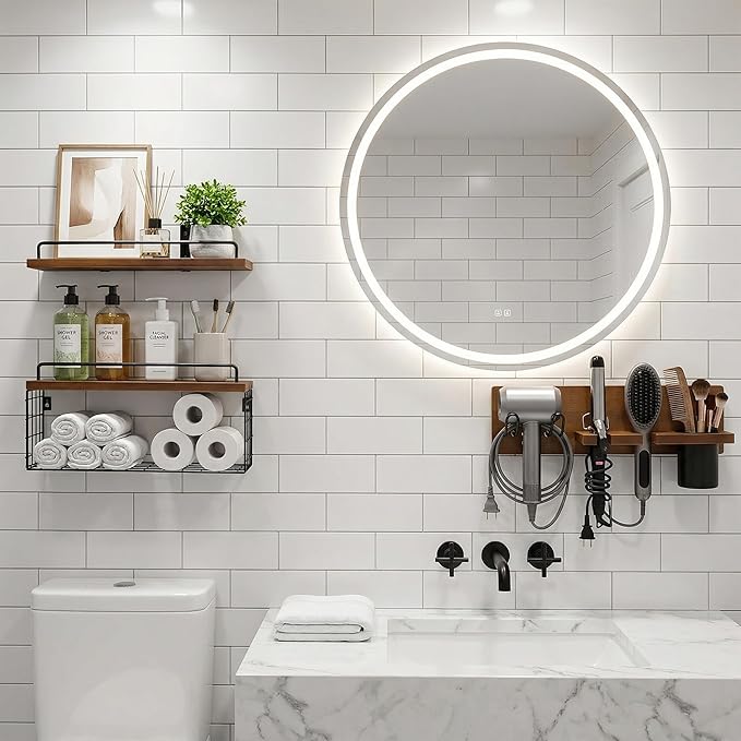 Wall Mounted Bathroom Organizer Shelves Over Toilet, 3-Tier Rustic Wooden Floating Shelf with Metal Basket and Hair Care Styling Tool Holder for Toilet Paper, Towels & Toiletries, Bathroom Decor