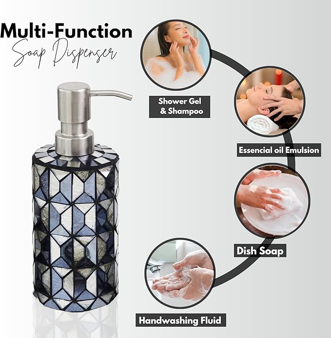 Escenzy Modern Black Gold Bathroom Accessories Sets 4 Pcs | Luxurious Soap Dispenser, Toothbrush Holder, Cotton Glass Jar, Small Tray | Black Gold Bathroom Decor | Mosaic Glass Bathroom Accessories
