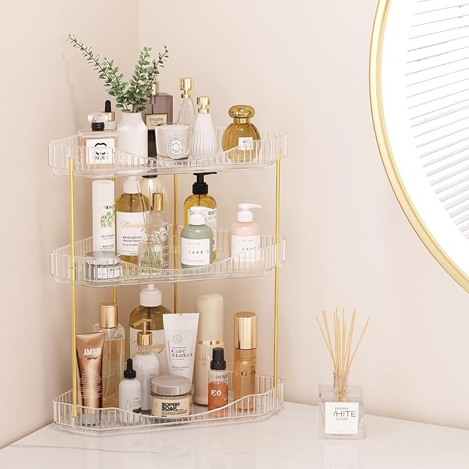 Lifewit 3-Tier Corner Bathroom Counter Organizer, Plastic Makeup Skincare Organizers Storage Countertop, Large Sink Cosmetic Perfume Shelf for Bedroom, Dresser, Kitchen, Vanity, Clear, 39 cm/15inch(H)