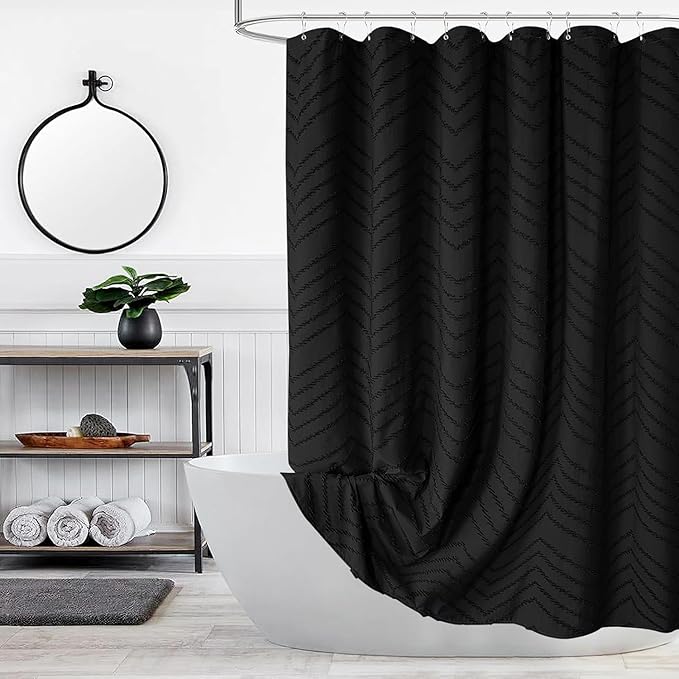 Black Boho Shower Curtain Modern Fabric Shower Curtain Shabby Chic Chenille Tufted Chevron Textured Striped Minimalist Shower Curtains 72 x 72 Inches