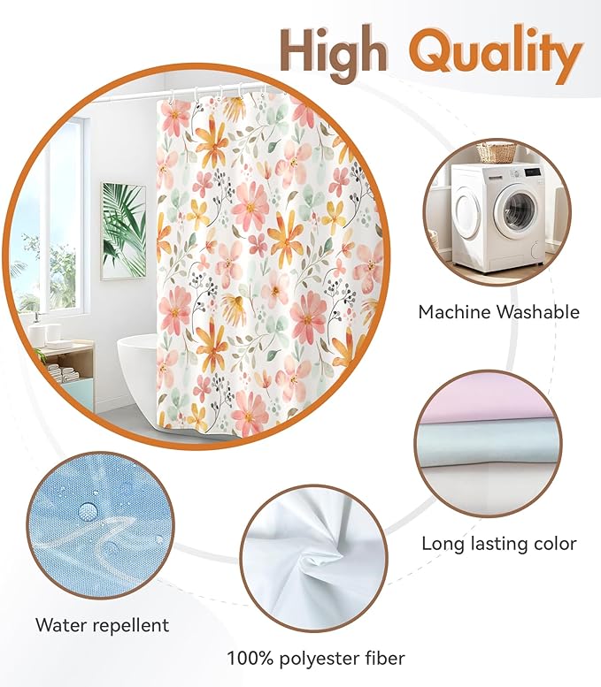 MAMUSE Shower Curtain for Bathroom - Cute Aesthetic Decorative Modern Girly Unique Girls Design Pretty Women Waterproof Fabric Cloth Cortinas de Baño Bathtub 72 x 72 Inch, Orange Floral