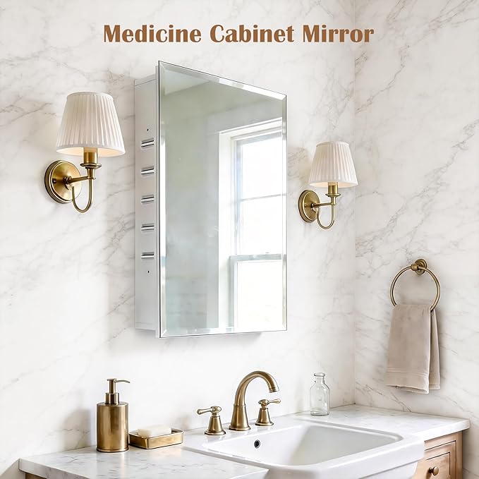16x26'' Bathroom Medicine Cabinet Mirror with Storage, Surface Mount or Recessed Medicine Cabinet with 4-Tiered Adjustable Tempered Glass Shelves