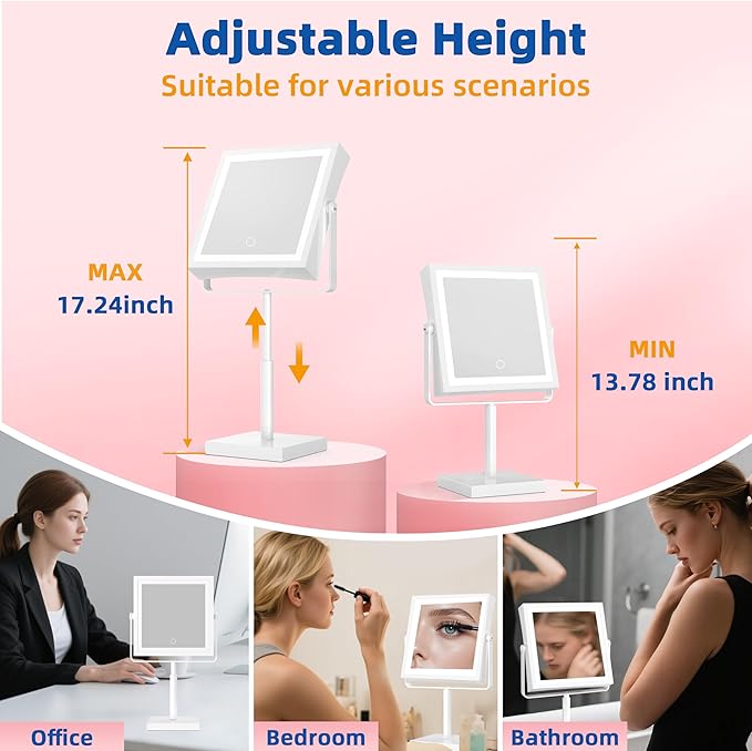 Ruacq Makeup Mirror with Lights, 4000mAh Rechargeable Magnifying Mirror with Light, 1X/10X, Height Adjustable Bathroom Vanity Mirror, 3 Colors, Adjustable Brightness (White)