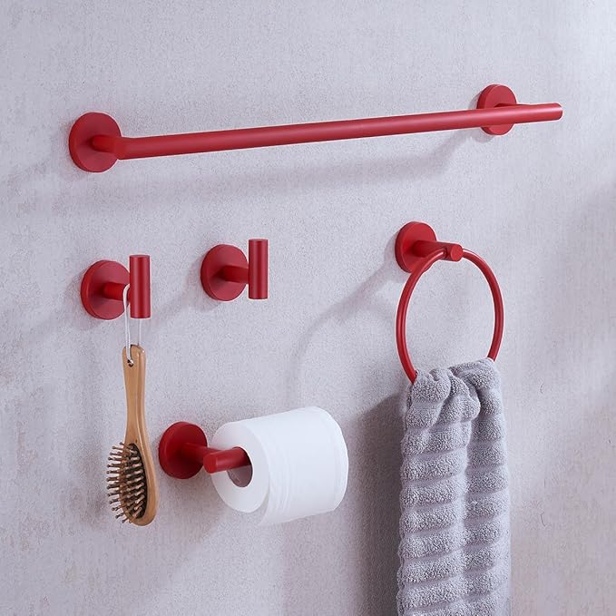 Red Bathroom Accessories Set,5 Pieces Bathroom Hardware Set,24 inch Towel Bar,Towel Ring for Bathroom,Robe Towel Hooks,Toilet Paper Holder Wall Mounted(Drilling),SE96006S-5RED