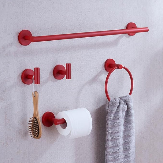 Red Bathroom Accessories Set,5 Pieces Bathroom Hardware Set,24 inch Towel Bar,Towel Ring for Bathroom,Robe Towel Hooks,Toilet Paper Holder Wall Mounted(Drilling),SE96006S-5RED