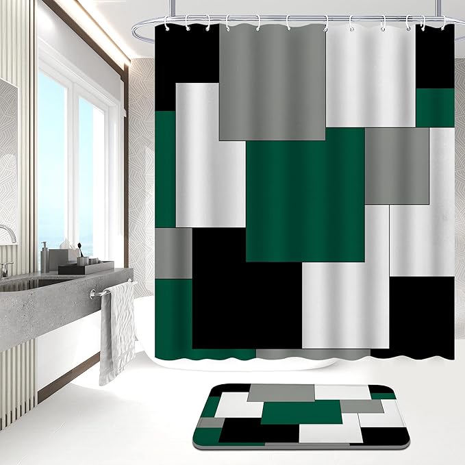Green Bathroom Set with Shower Curtain and Rugs, 4 Piece Geometric Bathroom Set with Rugs, Incl Shower Curtain with 12 Hooks, Bath Mat, U-Shaped Floor Mat, Toilet Lid Oval Rug