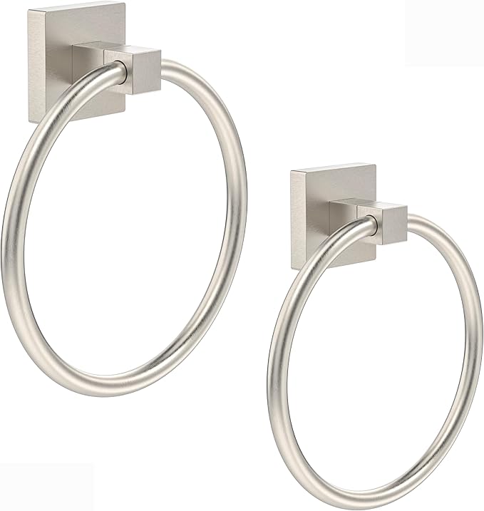 RUACQ Towel Ring for Bathroom 2pcs,Square Base Hand Towel Holder Hangers Wall Mount,Heavy Duty,Stainless Steel(Brushed Nickel)