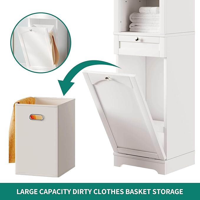 YITAHOME 53" Tall Tilt-Out Laundry Storage Cabinet, Hidden Hamper with Adjustable Shelves, Removable Basket & Sturdy Wooden Design for Bathroom or Laundry Room Organization, White