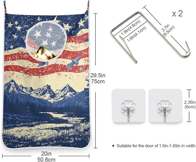 July 4th Flags Mountains Blue Door Hanging Laundry Hamper Bag with Free Adjustable Stainless Steel Hooks Dirty Clothes Hamper Extra Large Over the Door Laundry Hamper 29.5X20inch 1 PCS