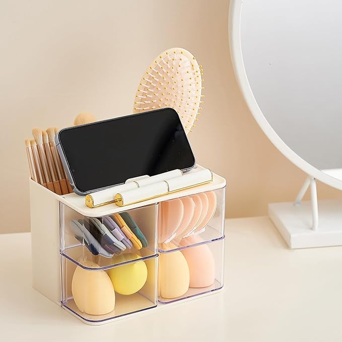 Hair Accessories Organizer with Hair Brush Holder, 4 Drawer Rotatable Hair Tie Organizer for Makeup Brushes, Hair Clips, Earrings, Necklaces, Bracelets and Hair Accessories, White, 2-Layer
