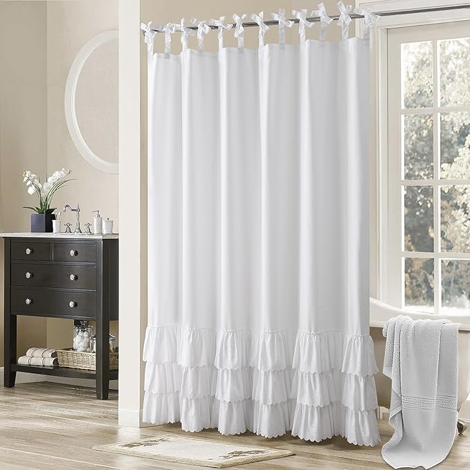 Adjustable Bow-Tie Top White Ruffle Shower Curtain for Girls Women, Delicate Fabric Shower Curtain with Handcrafted Ruffles and Small Holes, Waterproof Ruched Farmhouse Bathroom Curtain, 72"W x 72"H