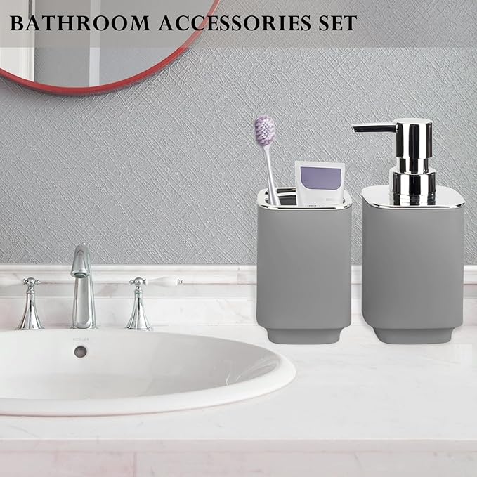 Grey Bathroom Accessories 2 Pieces, Soap Dispenser and Toothbrush Holder Set for Boho Bathroom