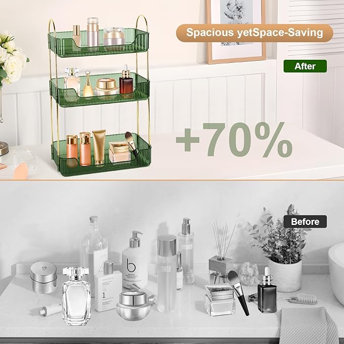 3-Tier Vintage Makeup Organizer Countertop for Vanity, Detachable Makeup Holder, Exquisite Ribbed Bathroom Counter Storage, Stackable Cosmetic Jewelry Perfume Skincare Green Shelf, Easy to Clean