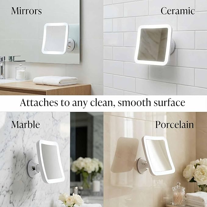 Fancii Rechargeable 10x Magnifying Mirror with 3 LED Light Settings, Dimmable Touch Light, Cordless, Locking Suction Mount, Lighted Mirror for Bathroom or Travel, Mira 2 (White)
