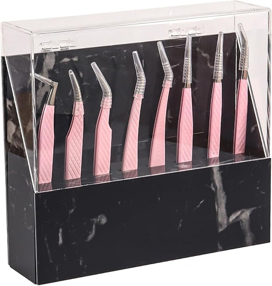 8 Holes Dust proof Tweezer Storage Rack,Acrylic Tweezer Display Stand Holder Eyelash Extension Supplies Lash Accessories Tools (Marble Black)