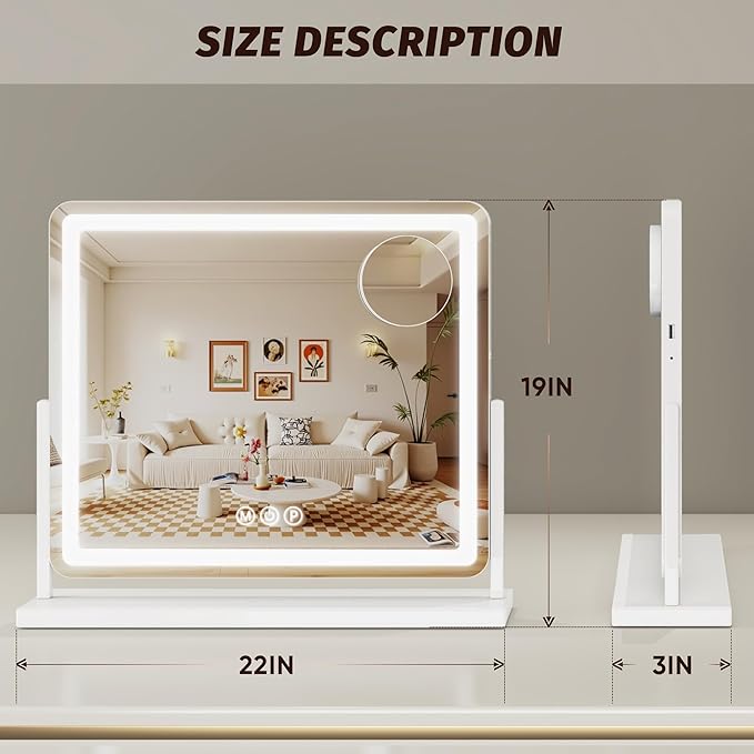 Vanity Mirror with Lights, 24"x20" Hollywood Lighted Makeup Mirror for Tabletop & Bedroom 3 Color Lighting Modes Smart Touch Control 360° Rotation Detachable