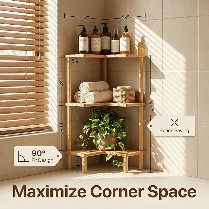 Bamboo Corner Shower Caddy Stand 3-Tier, Standing Shower Organizer with Anti-Slip Feet, Waterproof & Durable Bathroom Shower Shelf, Space-Saving Design Storage for Kitchen or Living Room