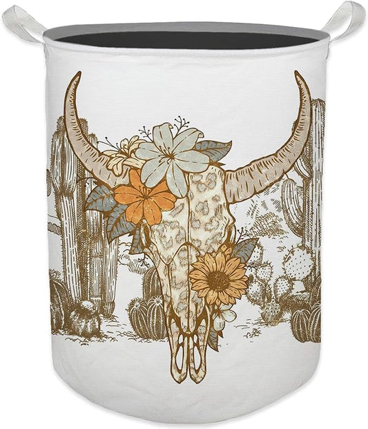 Western Laundry Basket, Vintage Western Floral Bull Skull Waterproof Collapsible Laundry Hamper Dirty Clothes Storage Toy Bin Organizer for Western Bathroom Bedroom, Western Home Decor