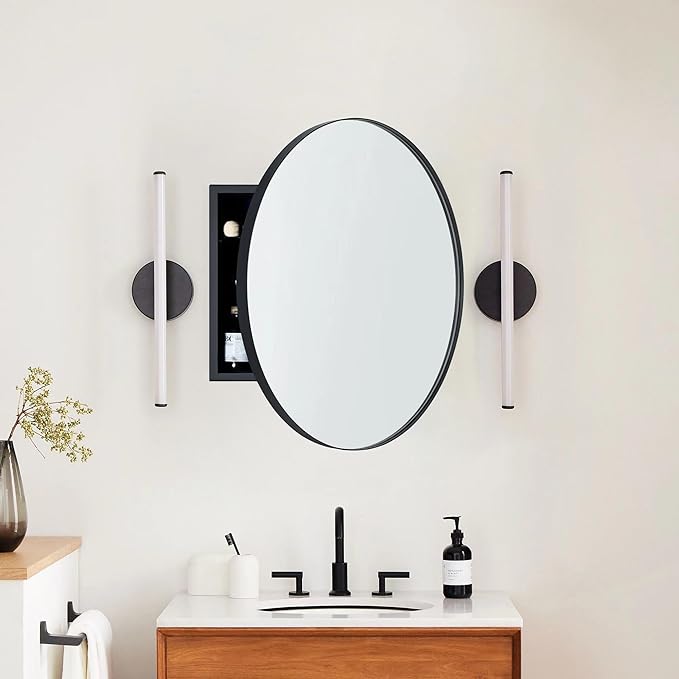 Surface Mount Black Round Circle Bathroom Medicine Cabinet with Mirror Circlular Shaped Stainless Steel Metal Framed Medicine Cabinets Bathroom Cabinet with Mirror 24'' Diameter