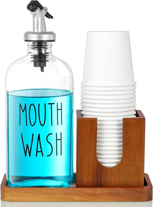 Glass Mouthwash Dispenser for Bathroom, 16 OZ Mouthwash Dispenser with Pour Spout and Acacia Wood Cup Holder and Tray, Mouth Wash Bottle Container, Farmhouse Kitchen Bathroom Decor and Accessories