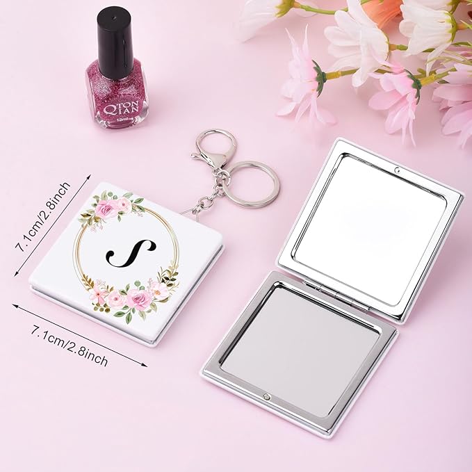 BAOSIWA Stocking Stuffers for Teen Girls Grandkids, Gifts for 5 6 7 8 9 10 11 12 13 Year Old Girl, Personalized Compact Mirror Initial Small Travel Makeup Mirror with Keychain(S)