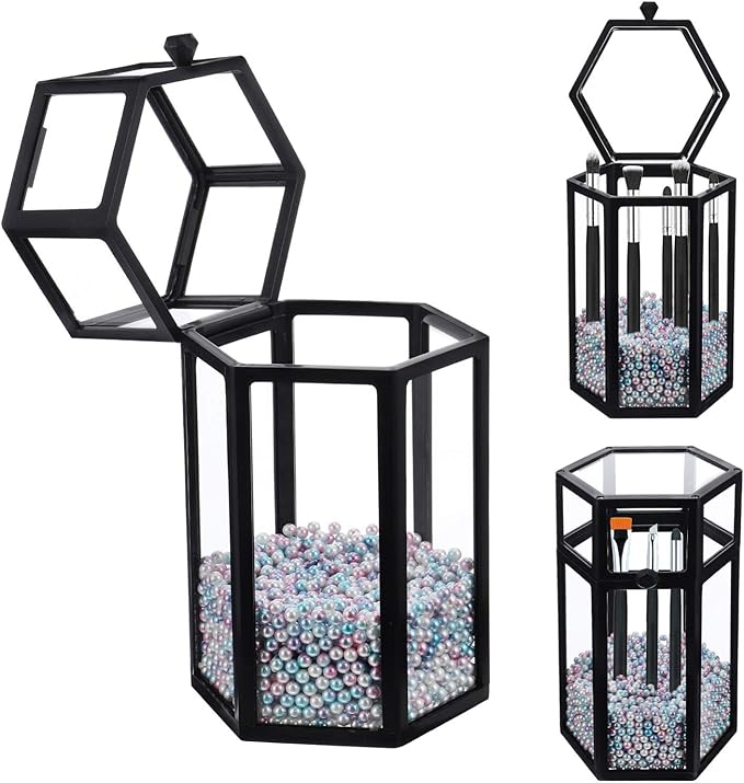 FRCOLOR Glass Makeup Brush Holder with Lid, Vintage Makeup Brush Organizer Storage Box with Colorful Pearls for Vanity Dresser (Black)
